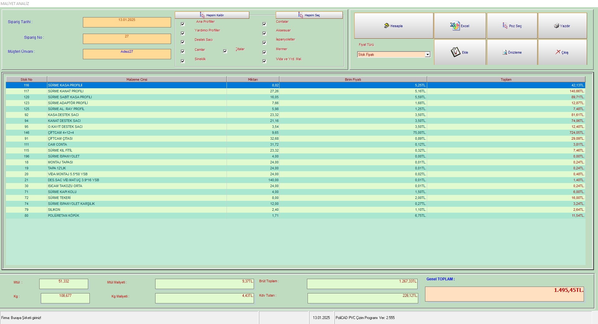Maliyet Analizi Ekranı